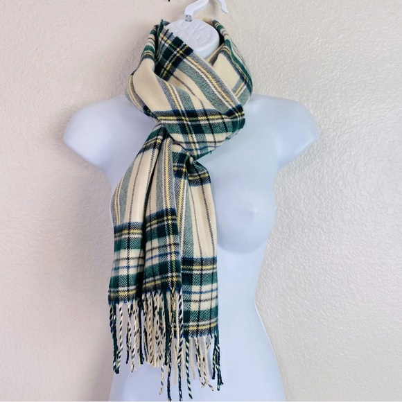 Cashmere Cream/Green Tartan Plaid Scarf 12” x 64” - Picture 3 of 4